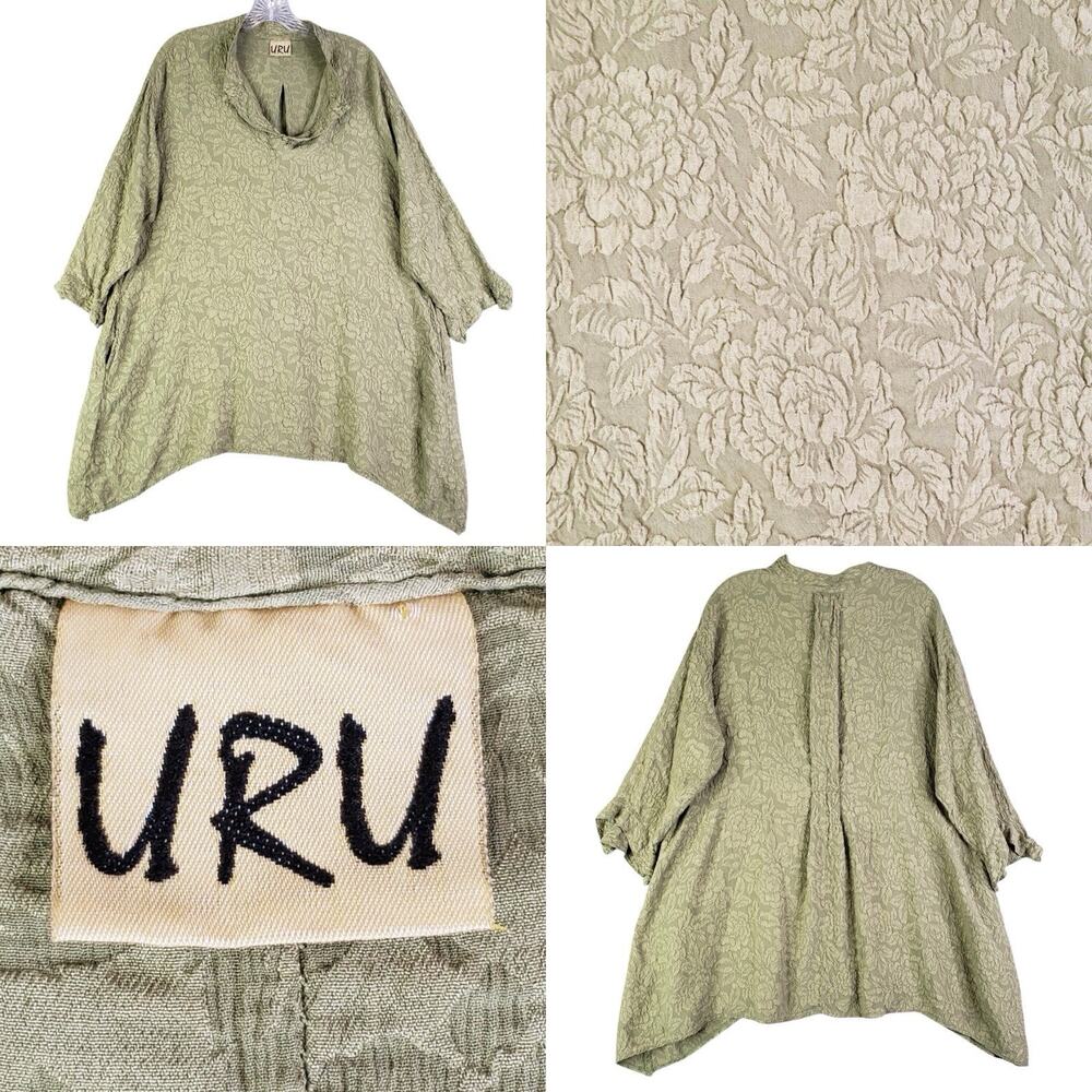 URU Top100% Silk Floral Jacquard Art to Wear Shirt Green Oversized XL Pockets